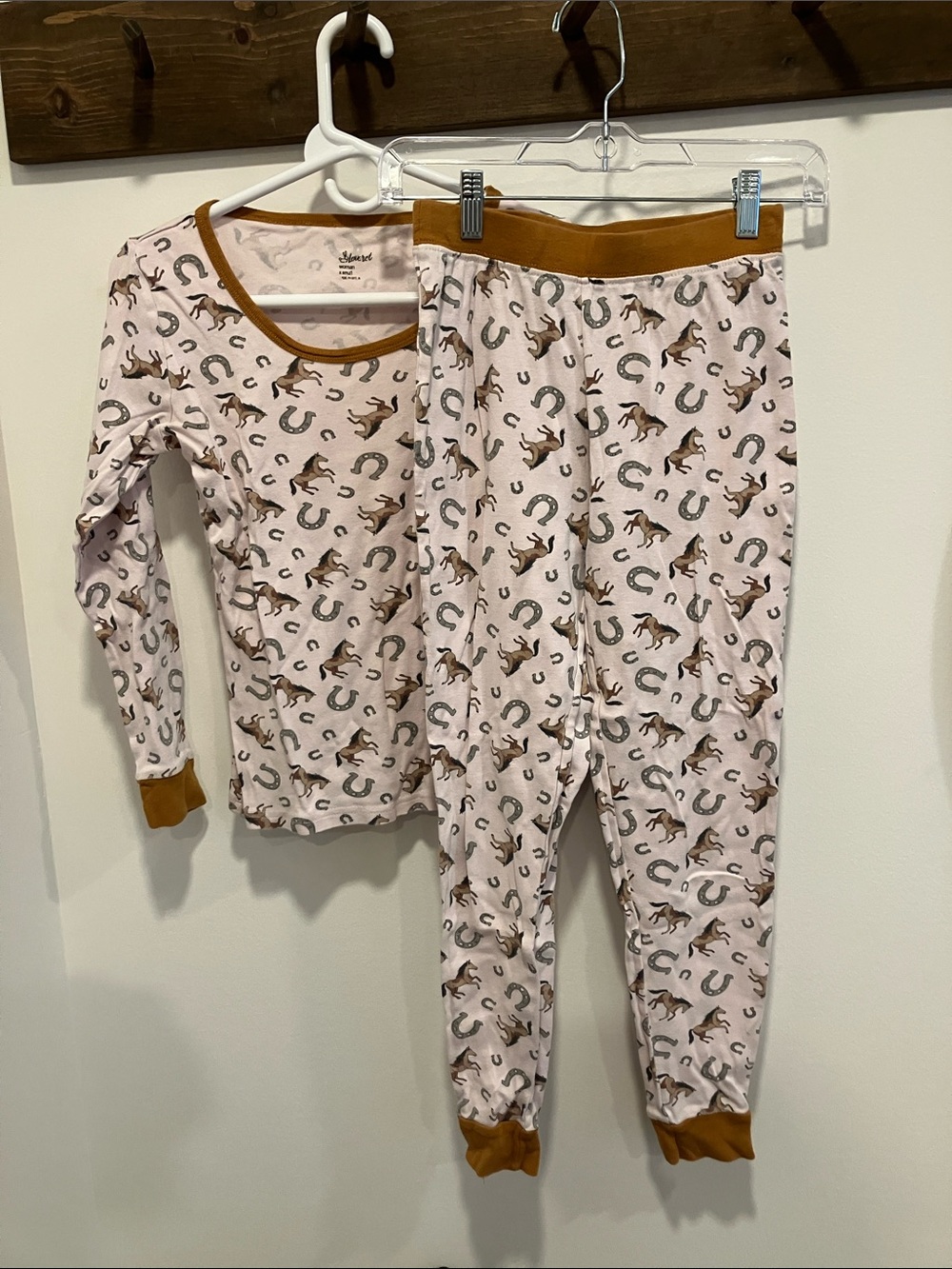 Girls Pink Horse-Print Pajama Set with Mustard Trim
